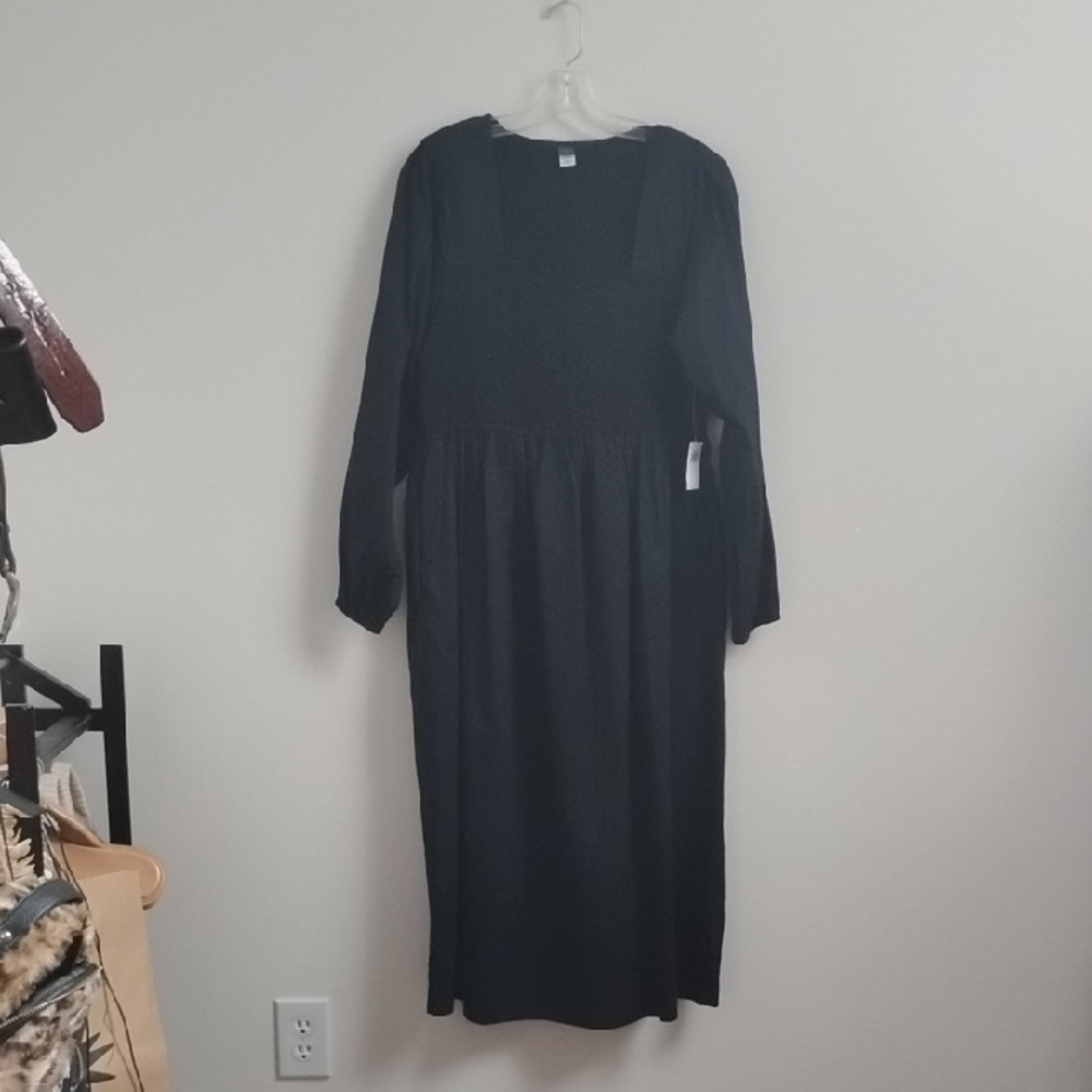 Old Navy Cottagecore Black Smocked Front Long Sleeve‎ Dress With Pockets